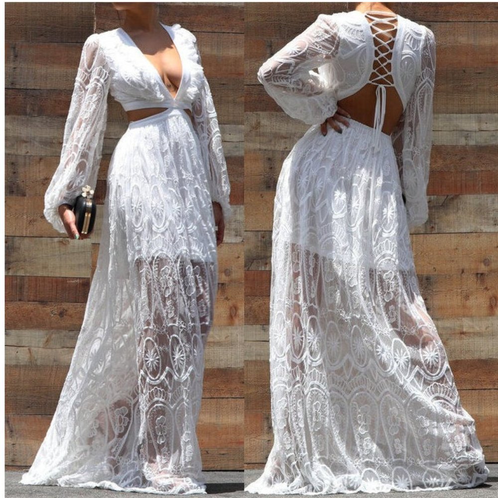 Bohemian White Embroidered Lace Cut Out Lace Up Back Boho Maxi Dress